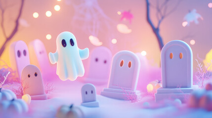 Charming 3D ghosts rise above pastel graves, surrounded by softly glowing Halloween decorations.