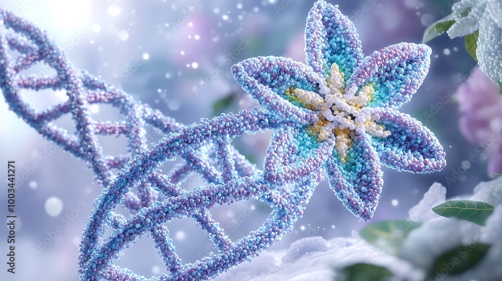 Poster a dna double helix shaped as a flower with a snowy background.
