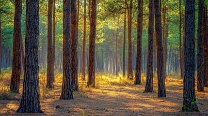 Fototapeta premium Sunbeams illuminating a pine forest.