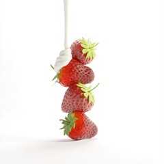 Closeup Realistic stacked Strawberry with white milk cream yogurt Pouring drip isolate on white background. 3D Render.