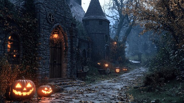 A spooky stone cottage with lit jack-o-lanterns sits on a path in a dark forest.