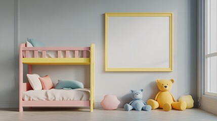 Mock up frame in a spacious empty room with soft grey walls and a colorful children's bunk bed, 3D render 