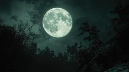 Full Moon Illuminating a Silhouetted Forest at Night