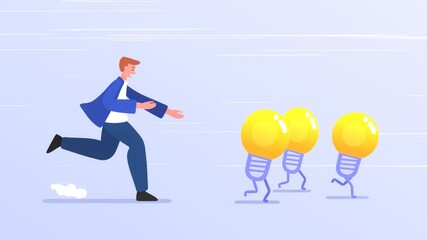 2d animation of businessman chasing running away ideas, brainstorming, seeking knowledge concept