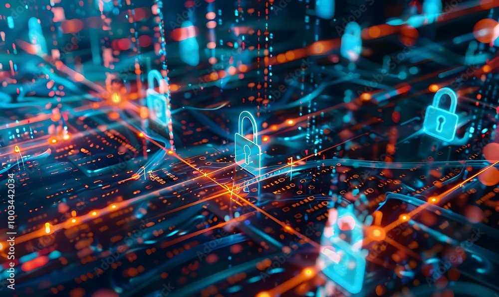 Poster Futuristic Cyber Network with Data Streams and Translucent Security Locks