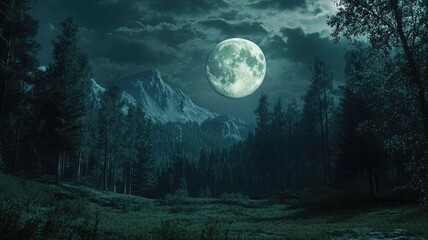 Full Moon Illuminating a Forest and Mountain Range at Night