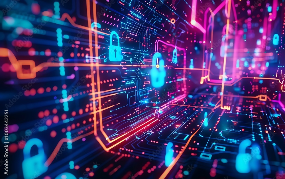 Aufkleber abstract digital flow with interconnected nodes and holographic lock symbols