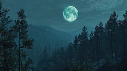 Fototapeta premium Full Moon Over a Silhouetted Forest at Night