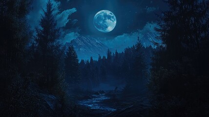 Moonlight illuminating a creek winding through a dark forest with distant mountains