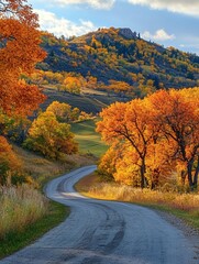 Fototapeta premium Winding paved road through a valley with colorful autumn foliage.