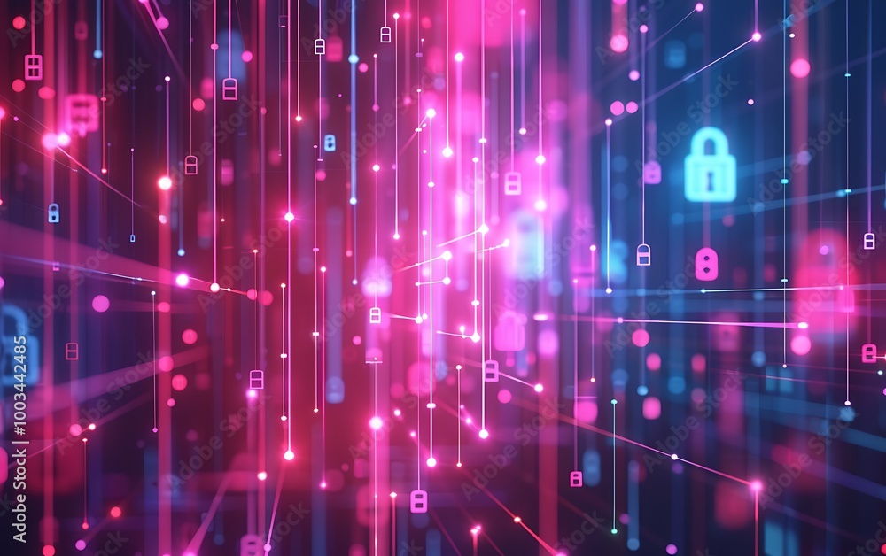 Aufkleber Abstract Digital Flow with Interconnected Nodes and Holographic Lock Symbols