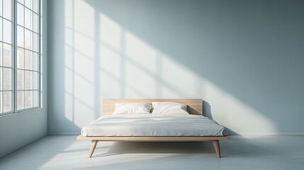 Mock up frame in an empty room with pale blue walls and a small light wooden bed