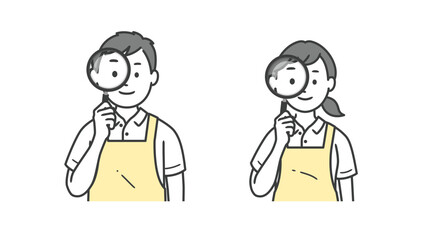 虫眼鏡を持つ介護士男女の上半身イラスト