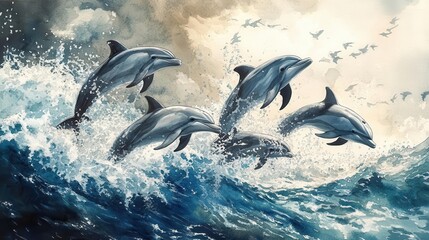 A pod of dolphins joyfully leaping and playing near the ocean surface, framed by the fluid motion of the waves in an ethereal watercolor style