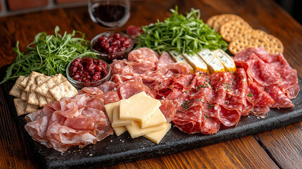 prosciutto and Parma ham on a wooden board, showcasing the rich textures and colors. Ideal for culinary themes, emphasizing indulgence, gourmet flavors, and Italian cuisine