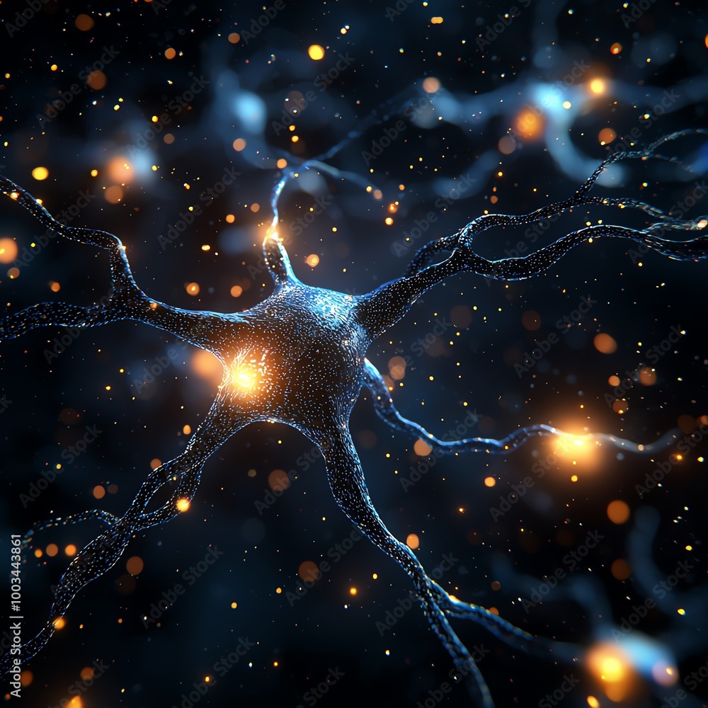 Poster a detailed view of a neuron in a dark environment, showcasing its structure and neural connections g