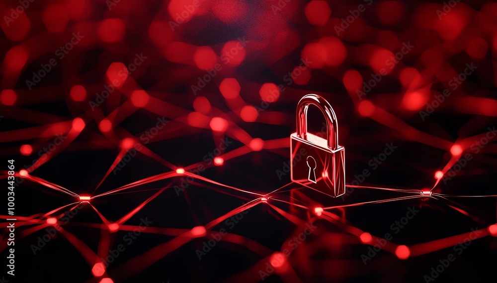 Poster a digital padlock stands amidst a web of glowing red lines, symbolizing cybersecurity and data prote