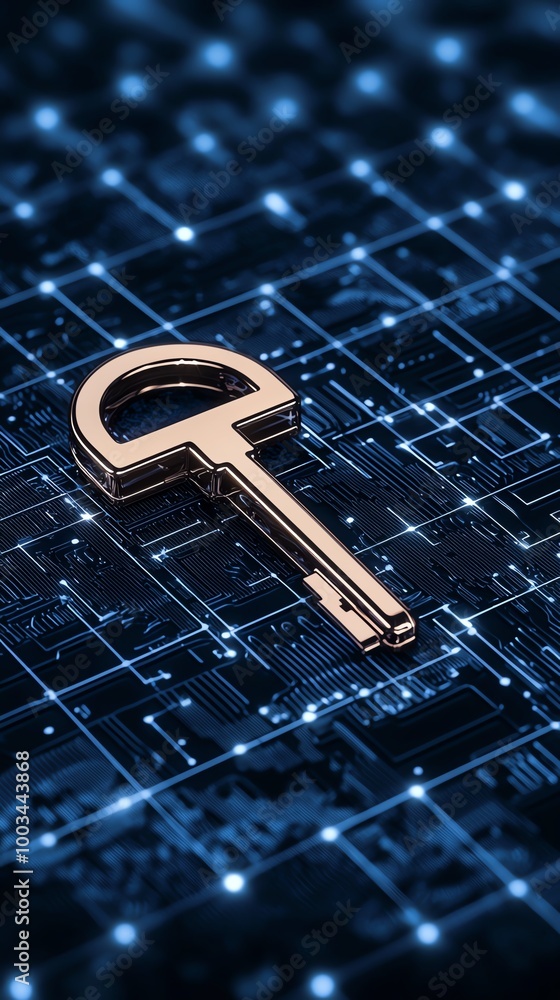 Poster a digital representation of a key on a circuit board background, symbolizing cybersecurity and techn