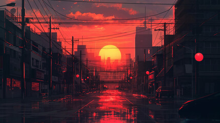 A cyberpunk city street at sunset, with a skyline in the background, in the anime art