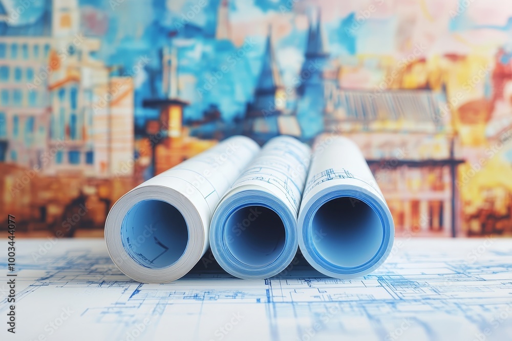 Aufkleber close-up of rolled up blueprints on a table with a blurry background of buildings.