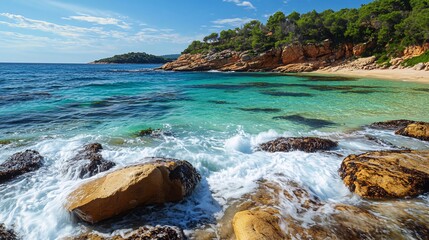 Turquoise blue water crashes against rocks on a secluded beach.