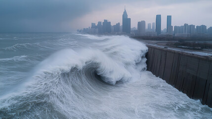Stormy waves crashing against a city skyline.