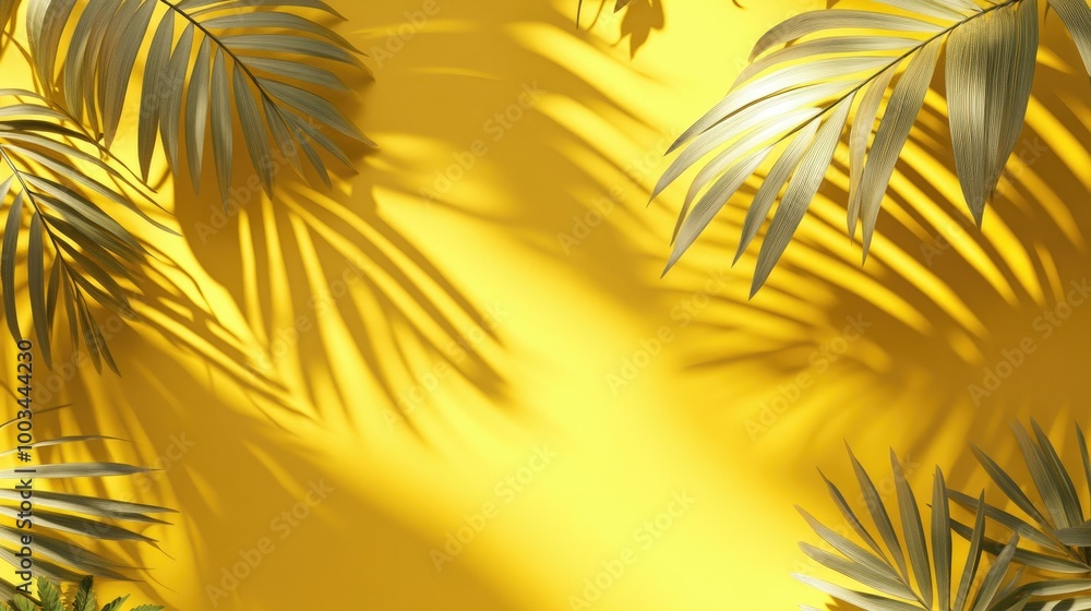 Poster 3d render of a bright yellow summer background with soft tropical leaf shadows, creating a warm, sun