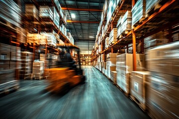 A forklift speeding through a warehouse aisle with shelves stacked high with boxes.