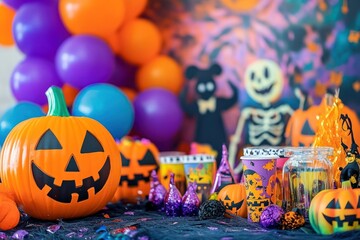 A close-up of a jack-o'-lantern on a table decorated for Halloween.