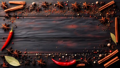 Vibrant Spices Arrangement on Rustic Wooden Surface with Blank Space for Culinary Creations