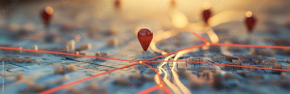 Aufkleber red pins on a city map with glowing lines representing connections.