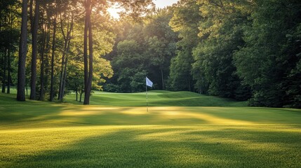 A golf field's vibrant green grass blending into the surrounding woods, with a distant view of the flag and hole.