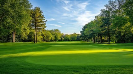 Fototapeta premium A well-maintained golf course surrounded by tall trees, with bright green grass and open skies on a sunny day.