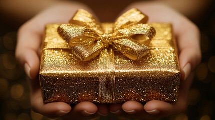 woman holding an elegant luxury gift box, radiating joy and anticipation. The gift symbolizes love, celebration, and appreciation, making it perfect for occasions like birthdays or anniversaries