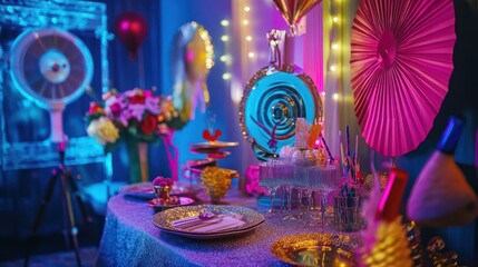 A close-up of a party table with a pink paper fan, champagne flutes, and a decorative plate on the table.
