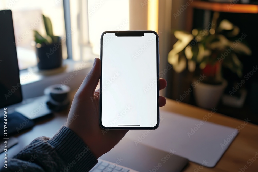 Poster Hand holding a smartphone with blank screen in front of a blurred background of a desk with a computer and plants.