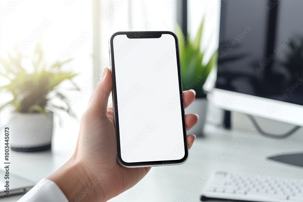 Poster Closeup of a hand holding a smartphone with a blank white screen in a modern office setting with a computer monitor and keyboard in the background.