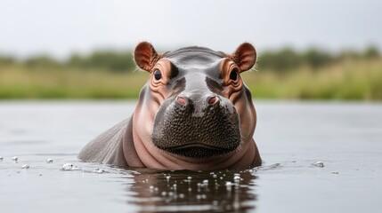 Fototapeta premium Hippo swimming in the water, serene nature scene, focus on animal's face.