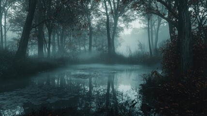 Fototapeta premium A Mystical Foggy Forest with a Still Pond