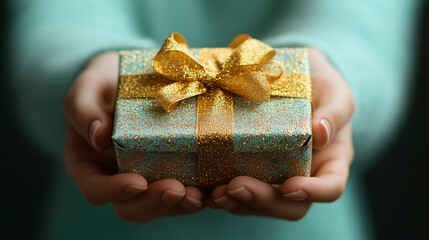 woman holding an elegant luxury gift box, radiating joy and anticipation. The gift symbolizes love, celebration, and appreciation, making it perfect for occasions like birthdays or anniversaries