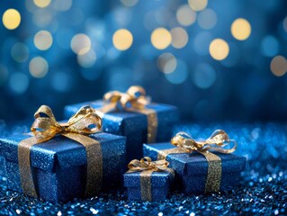 Blue Christmas gift boxes with gold bow on blue defocused holiday background - ai