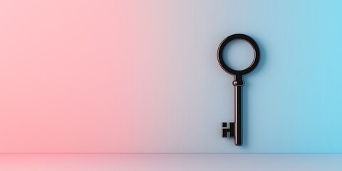 A vintage black key stands against a gradient background, symbolizing security and access. Ideal for concepts of opportunity.