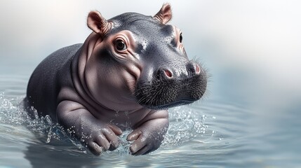 Fototapeta premium Hippo swimming in water, playful expression, peaceful environment.