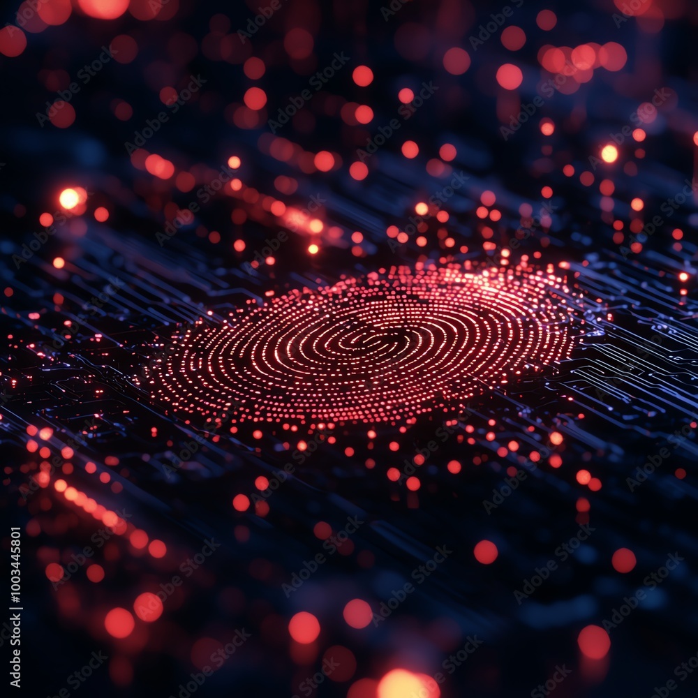 Poster abstract digital pattern with red and black colors, featuring circular design and vibrant glowing el