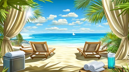 Two beach chairs under a canopy with towels, cooler, and lotion on a sandy beach with blue water and a sailboat in the distance.