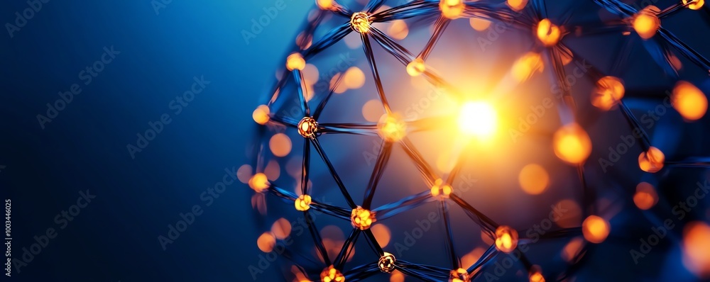 Poster abstract representation of atomic structure with glowing particles, set against a blue background.