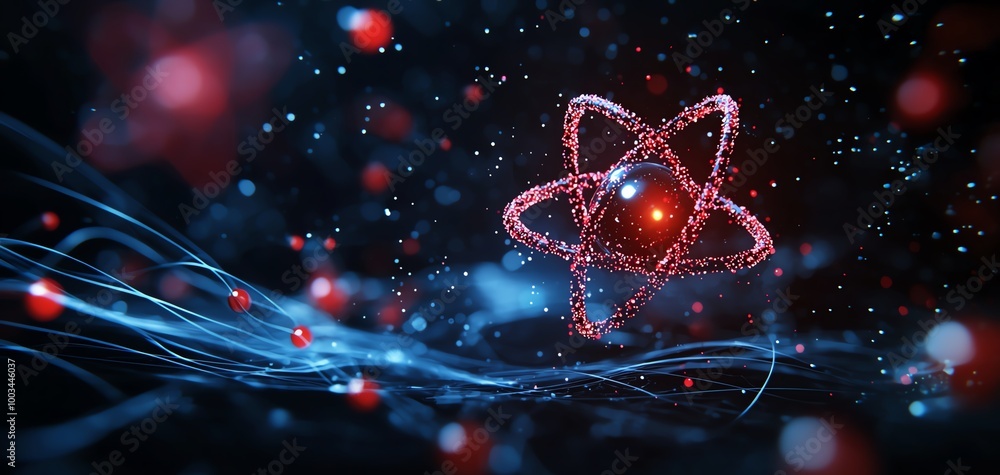 Poster abstract representation of atomic structure with glowing particles on a dark background.