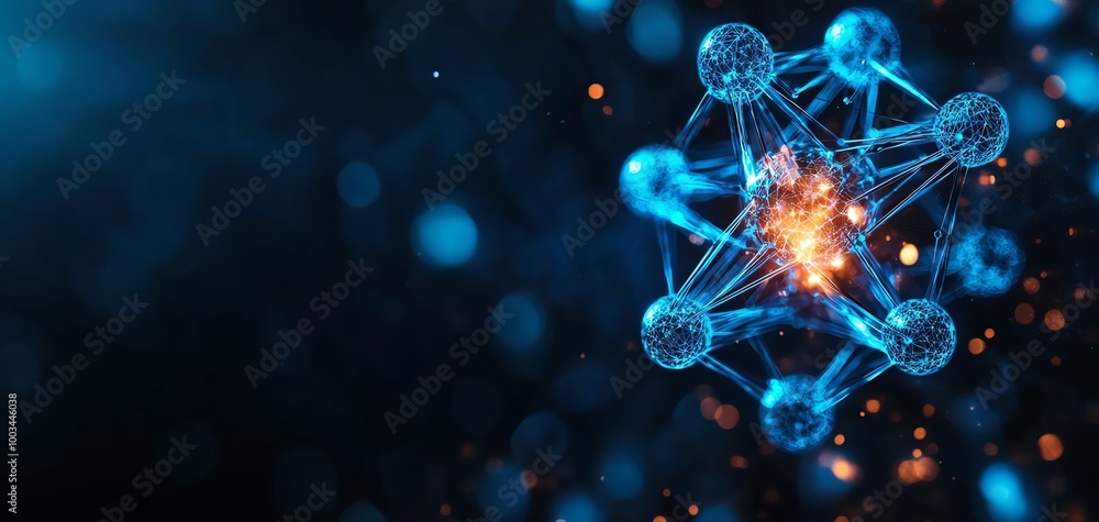 Poster abstract representation of molecular structure with glowing elements on a dark background.