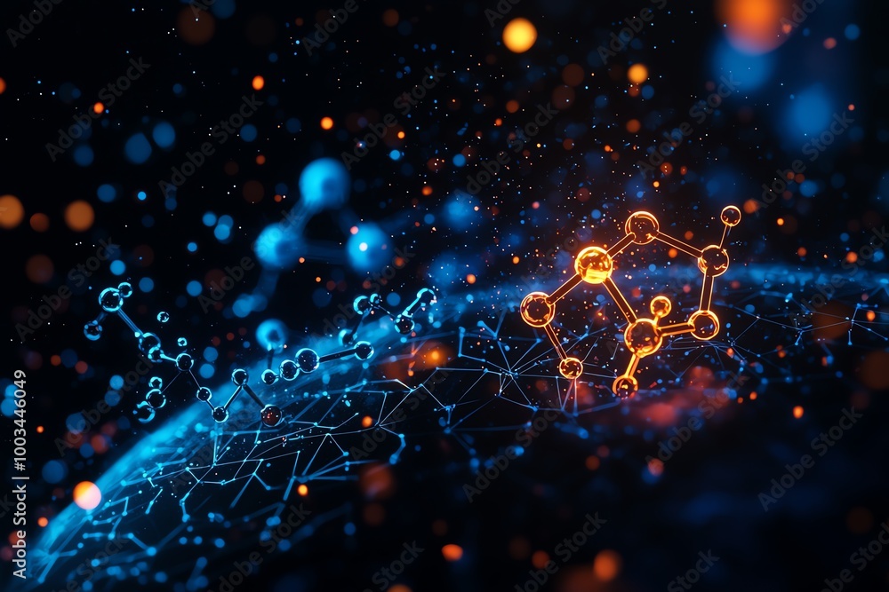 Poster abstract representation of molecular structures with blue and orange glows on a dark background.