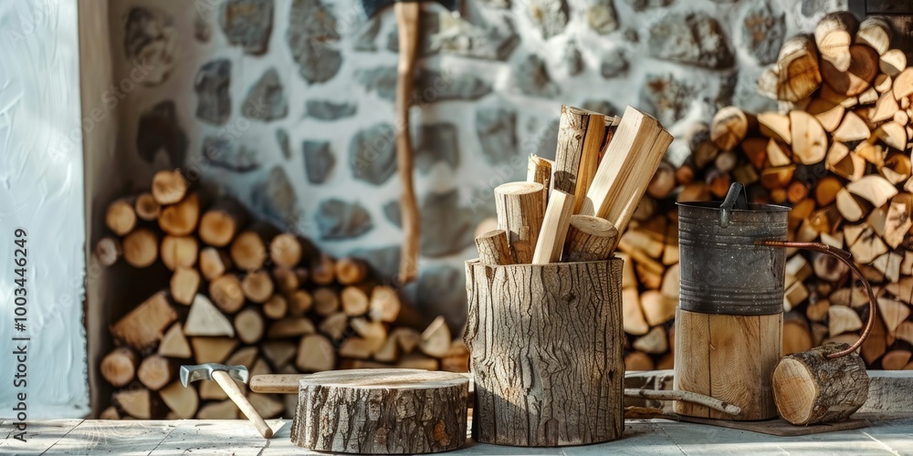 Aufkleber stacked logs in a conical shape for winter firewood storage, with a chopping block and axe in the fr